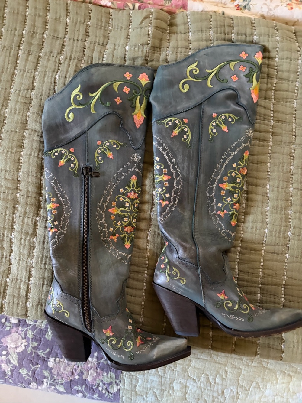 Dan Post Embroidered Gray Floral Knee-High Women's Boots